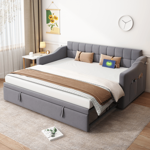Sofá-cama 90180 - Multifuncional com tomada e bolsa de armazenamento - Cinza Samtstoff Sofá-cama 90180 - Multifuncional com tomada e bolsa de armazenamento - Cinza Samtstoff
