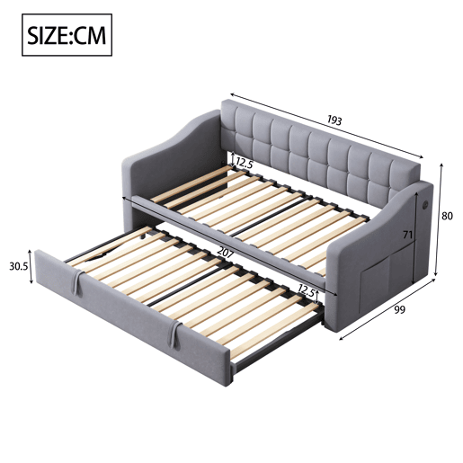 Sofá-cama 90180 - Multifuncional com tomada e bolsa de armazenamento - Cinza Samtstoff Sofá-cama 90180 - Multifuncional com tomada e bolsa de armazenamento - Cinza Samtstoff