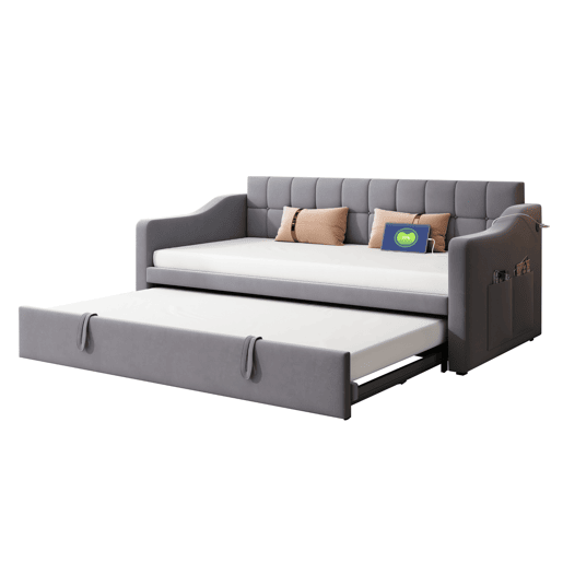 Sofá-cama 90180 - Multifuncional com tomada e bolsa de armazenamento - Cinza Samtstoff Sofá-cama 90180 - Multifuncional com tomada e bolsa de armazenamento - Cinza Samtstoff