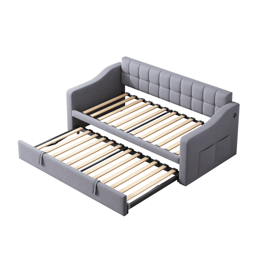 Sofá-cama 90180 - Multifuncional com tomada e bolsa de armazenamento - Cinza Samtstoff Sofá-cama 90180 - Multifuncional com tomada e bolsa de armazenamento - Cinza Samtstoff