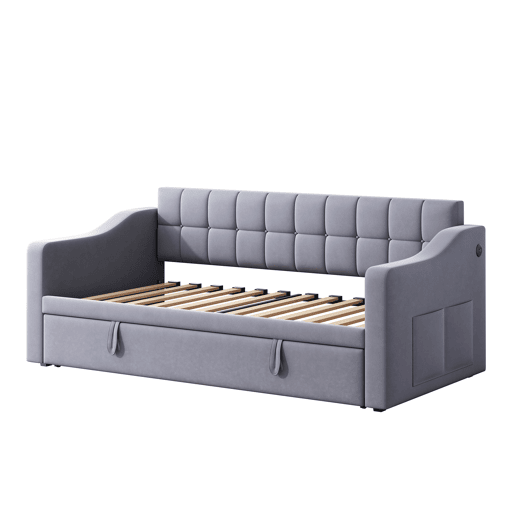 Sofá-cama 90180 - Multifuncional com tomada e bolsa de armazenamento - Cinza Samtstoff Sofá-cama 90180 - Multifuncional com tomada e bolsa de armazenamento - Cinza Samtstoff