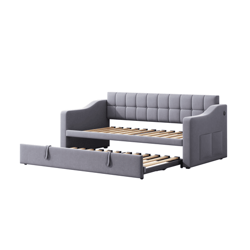 Sofá-cama 90180 - Multifuncional com tomada e bolsa de armazenamento - Cinza Samtstoff Sofá-cama 90180 - Multifuncional com tomada e bolsa de armazenamento - Cinza Samtstoff