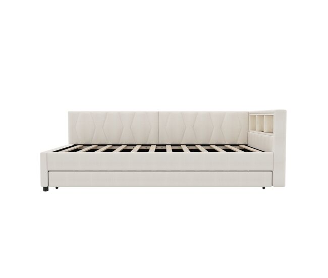 Cama daybett 90x200cm - sofá cama, compartimento de almacenamiento, usb+tipo c, control remoto para luz led, cama extensible, lino, beige