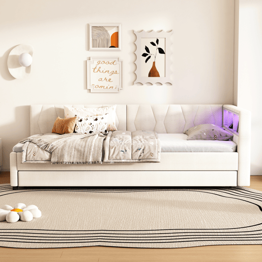 Cama Daybett 90x200cm - Sofá-cama, compartimento de arrumação, USB+Tipo C, controlo remoto para luz LED, cama extensível, linho, bege