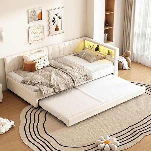 Cama Daybett 90x200cm - Sofá-cama, compartimento de arrumação, USB+Tipo C, controlo remoto para luz LED, cama extensível, linho, bege