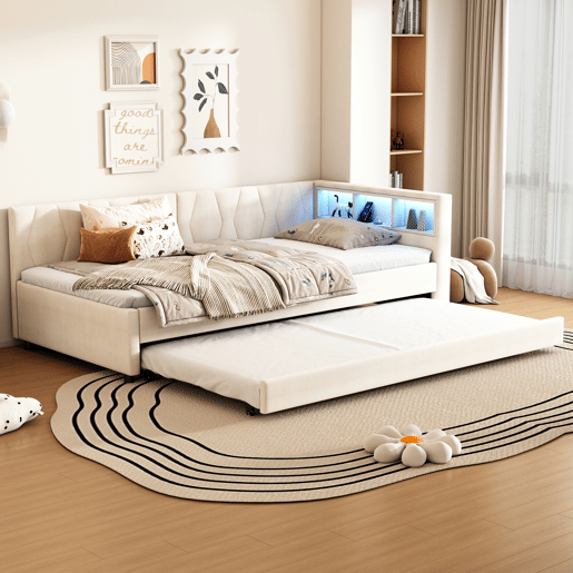 Cama Daybett 90x200cm - Sofá-cama, compartimento de arrumação, USB+Tipo C, controlo remoto para luz LED, cama extensível, linho, bege
