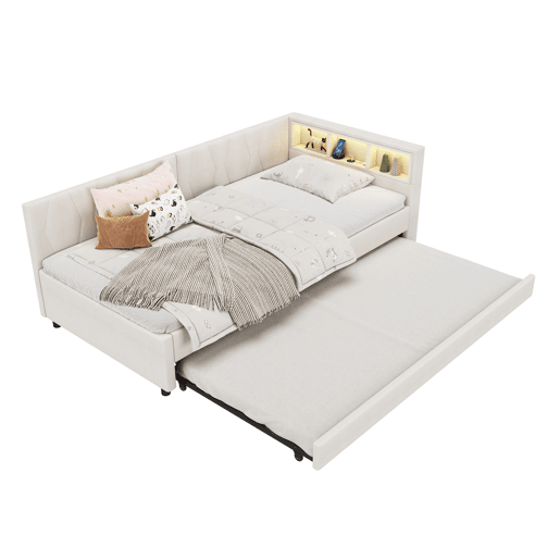 Cama Daybett 90x200cm - Sofá-cama, compartimento de arrumação, USB+Tipo C, controlo remoto para luz LED, cama extensível, linho, bege