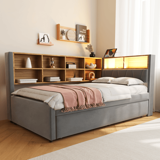 Sofá-cama 90x200 - Cama extraível 90x190, com luzes LED, tomadas e vários compartimentos, sofá multifuncional, cama individual, flanela - cinza escuro