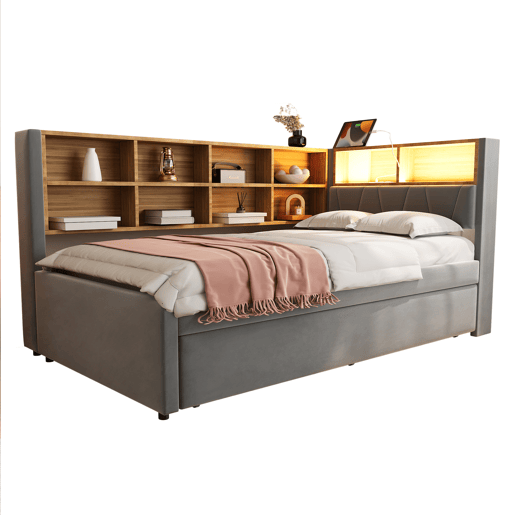 Sofá-cama 90x200 - Cama extraível 90x190, com luzes LED, tomadas e vários compartimentos, sofá multifuncional, cama individual, flanela - cinza escuro