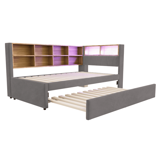 Sofá-cama 90x200 - Cama extraível 90x190, com luzes LED, tomadas e vários compartimentos, sofá multifuncional, cama individual, flanela - cinza escuro