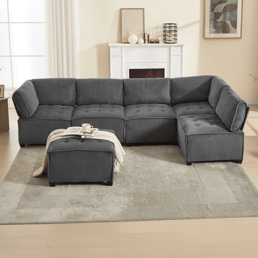 Sofá modular de 6 lugares, 308 cm - Veludo cotelê, ergonómico, com arrumação, convertível em ULsofá-cama, estrutura em madeira e metal, fácil montagem - Cinza