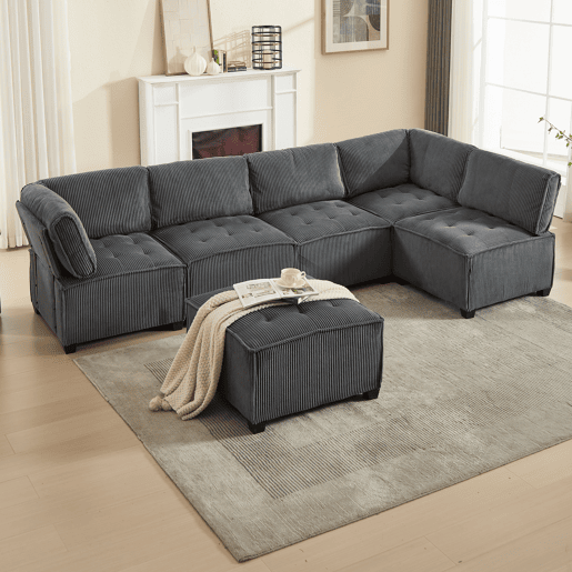 Sofá modular de 6 lugares, 308 cm - Veludo cotelê, ergonómico, com arrumação, convertível em ULsofá-cama, estrutura em madeira e metal, fácil montagem - Cinza