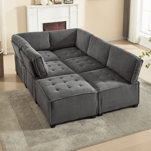 Sofá modular de 6 lugares, 308 cm - Veludo cotelê, ergonómico, com arrumação, convertível em ULsofá-cama, estrutura em madeira e metal, fácil montagem - Cinza