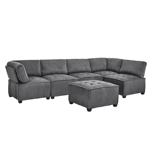 Sofá modular de 6 lugares, 308 cm - Veludo cotelê, ergonómico, com arrumação, convertível em ULsofá-cama, estrutura em madeira e metal, fácil montagem - Cinza
