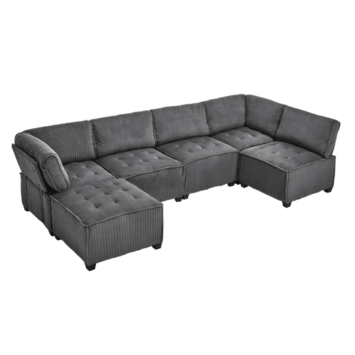 Sofá modular de 6 lugares, 308 cm - Veludo cotelê, ergonómico, com arrumação, convertível em ULsofá-cama, estrutura em madeira e metal, fácil montagem - Cinza
