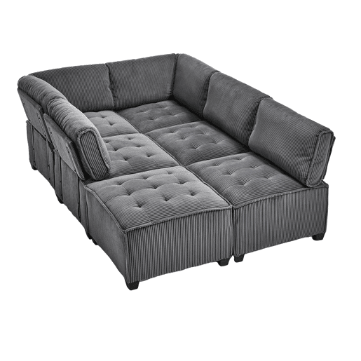 Sofá modular de 6 lugares, 308 cm - Veludo cotelê, ergonómico, com arrumação, convertível em ULsofá-cama, estrutura em madeira e metal, fácil montagem - Cinza