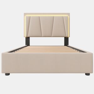 Cama estofada 90x200cm - Com LED, 2 gavetas, cabeceira ajustável, base de madeira, bege