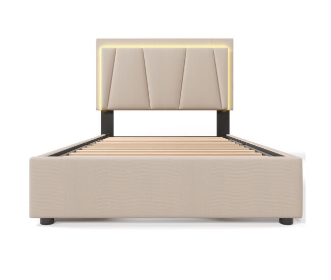 Cama tapizada 90x200cm - con led, 2 cajones, cabezal ajustable, base de madera, beige