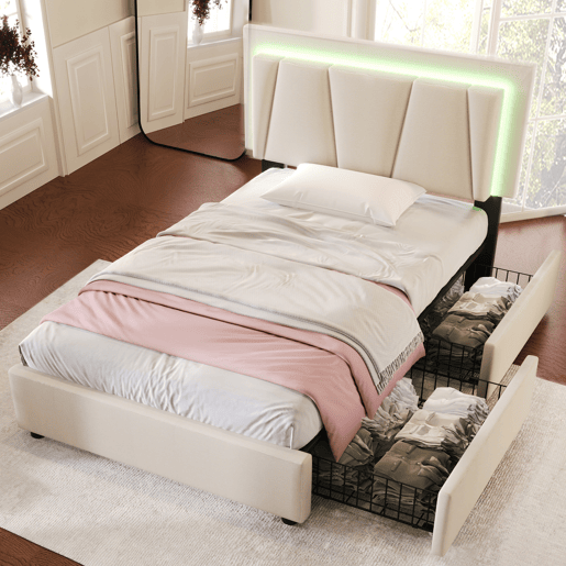 Cama estofada 90x200cm - Com LED, 2 gavetas, cabeceira ajustável, base de madeira, bege