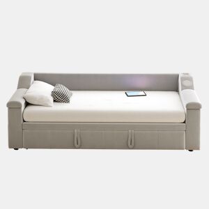 Sofá-cama 90180x190 cm - Braço largo e grosso, com sistema de som Bluetooth inteligente, com porta USB, com compartimentos, com estrado, tecido de veludo - Cinza claro