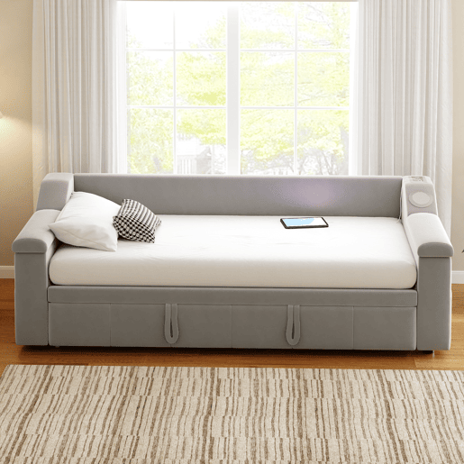 Sofá-cama 90180x190 cm - Braço largo e grosso, com sistema de som Bluetooth inteligente, com porta USB, com compartimentos, com estrado, tecido de veludo - Cinza claro