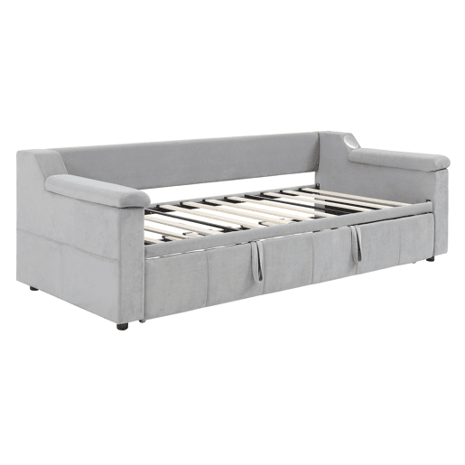 Sofá-cama 90180x190 cm - Braço largo e grosso, com sistema de som Bluetooth inteligente, com porta USB, com compartimentos, com estrado, tecido de veludo - Cinza claro