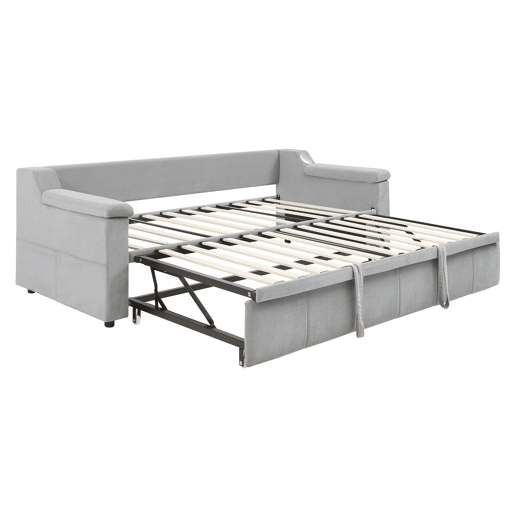 Sofá-cama 90180x190 cm - Braço largo e grosso, com sistema de som Bluetooth inteligente, com porta USB, com compartimentos, com estrado, tecido de veludo - Cinza claro