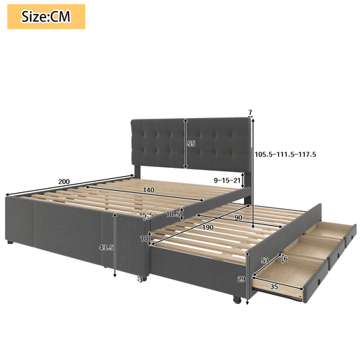 Cama estofada 140x200cm - Cama de casal, cama familiar, cama matrimonial com três gavetas, cama extensível, cabeceira ajustável - Cinza