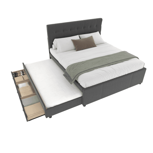 Cama estofada 140x200cm - Cama de casal, cama familiar, cama matrimonial com três gavetas, cama extensível, cabeceira ajustável - Cinza