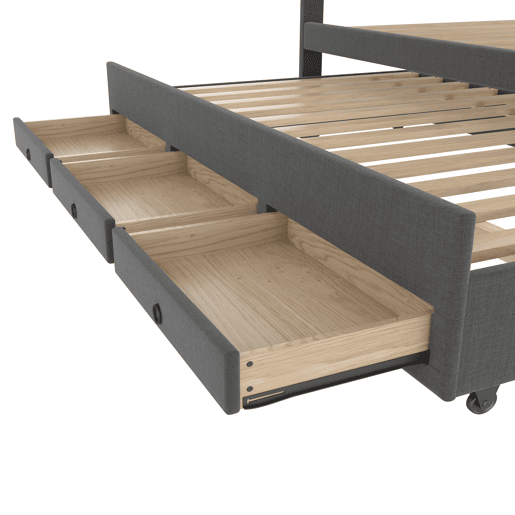 Cama estofada 140x200cm - Cama de casal, cama familiar, cama matrimonial com três gavetas, cama extensível, cabeceira ajustável - Cinza