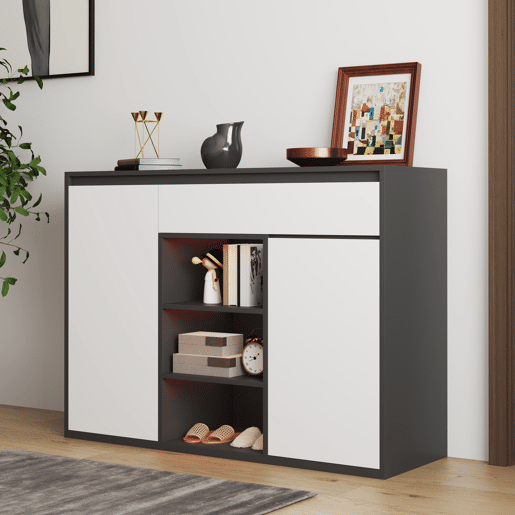 Sapateira de painel de partículas com 2 portas,1 gaveta e luz led,preto+branco