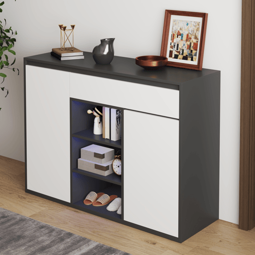 Sapateira de painel de partículas com 2 portas,1 gaveta e luz led,preto+branco