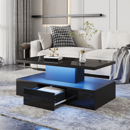 Mesa de centro LED com 2 níveis - Mesa de sala com luz LED de 16 cores, prateleira de exposição e gaveta deslizante - Preto