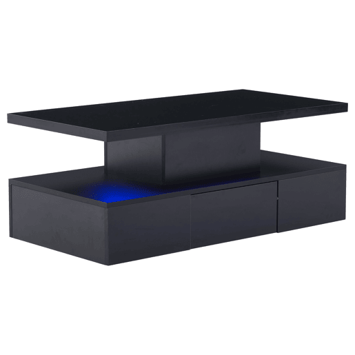 Mesa de centro LED com 2 níveis - Mesa de sala com luz LED de 16 cores, prateleira de exposição e gaveta deslizante - Preto