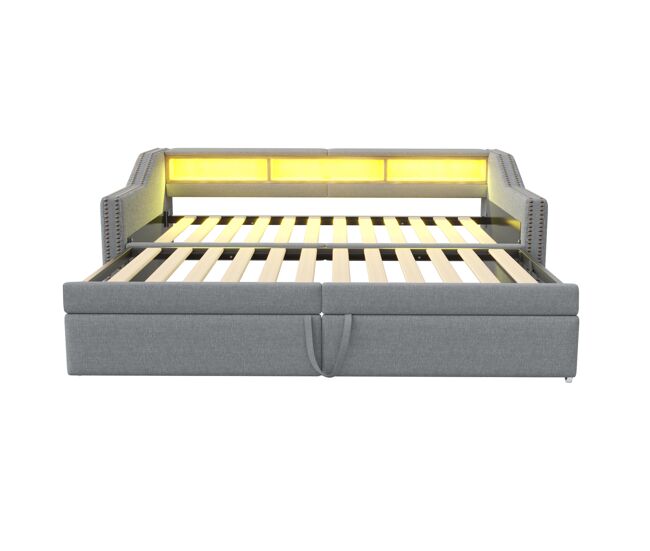 Cama nido 90/180 x 200 cm - sofá cama extensible, con almacenamiento, luz led y puerto usb, con somier - gris claro