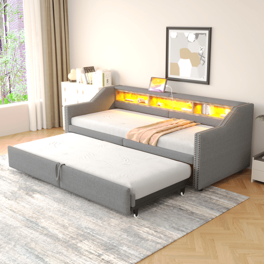 Cama ninho 90180 x 200 cm - Sofá-cama extensível, com arrumação, luz LED e porta USB, com estrado - Cinza claro