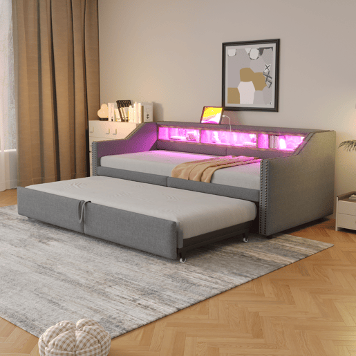 Cama ninho 90180 x 200 cm - Sofá-cama extensível, com arrumação, luz LED e porta USB, com estrado - Cinza claro
