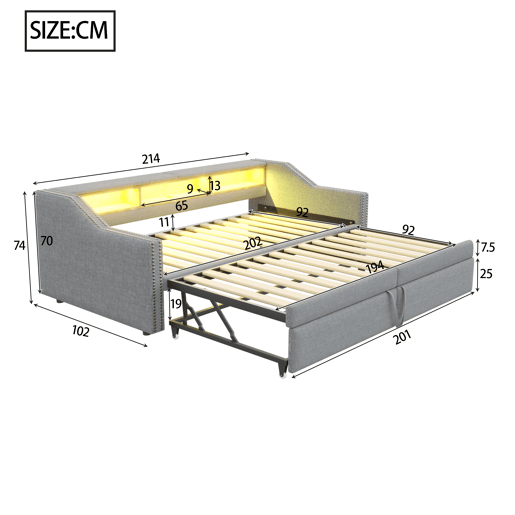 Cama ninho 90180 x 200 cm - Sofá-cama extensível, com arrumação, luz LED e porta USB, com estrado - Cinza claro