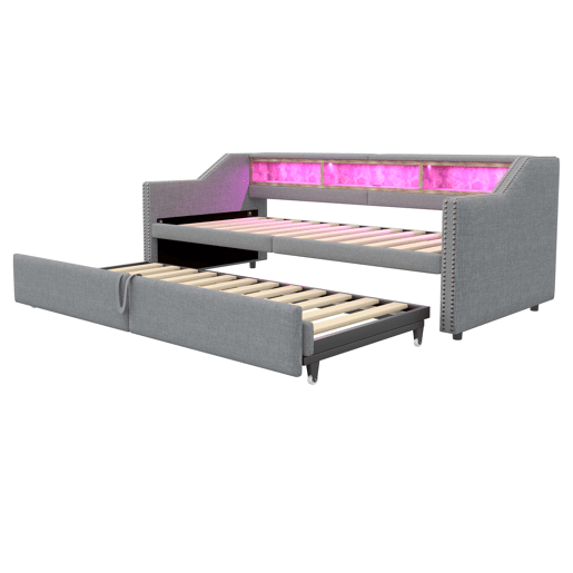 Cama ninho 90180 x 200 cm - Sofá-cama extensível, com arrumação, luz LED e porta USB, com estrado - Cinza claro