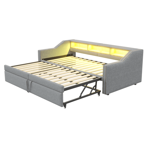 Cama ninho 90180 x 200 cm - Sofá-cama extensível, com arrumação, luz LED e porta USB, com estrado - Cinza claro