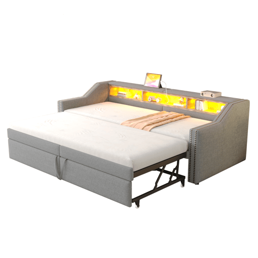 Cama ninho 90180 x 200 cm - Sofá-cama extensível, com arrumação, luz LED e porta USB, com estrado - Cinza claro