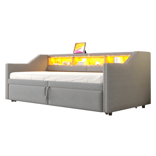 Cama ninho 90180 x 200 cm - Sofá-cama extensível, com arrumação, luz LED e porta USB, com estrado - Cinza claro