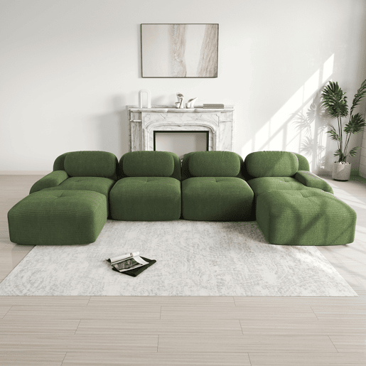 Sofá modular em U - sem montagem - Veludo cotelê respirável, enchimento 32D de alta elasticidade, braços extra largos, ergonómico e adequado para animais de estimação - Verde