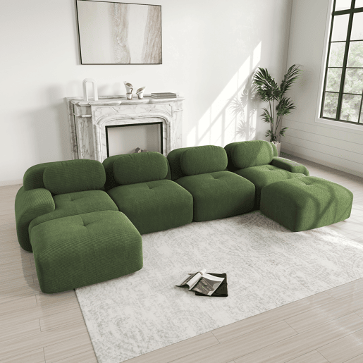 Sofá modular em U - sem montagem - Veludo cotelê respirável, enchimento 32D de alta elasticidade, braços extra largos, ergonómico e adequado para animais de estimação - Verde