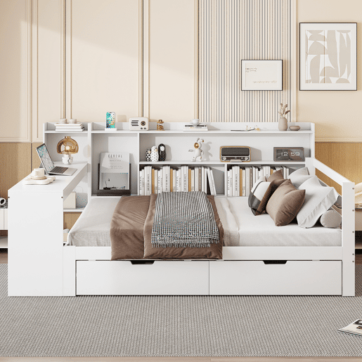 Sofá-cama 140 x 200 cm - Com secretária, estante, compartimentos e tomada - Branco