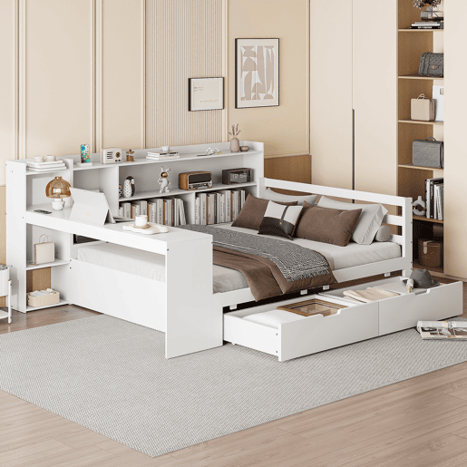 Sofá-cama 140 x 200 cm - Com secretária, estante, compartimentos e tomada - Branco