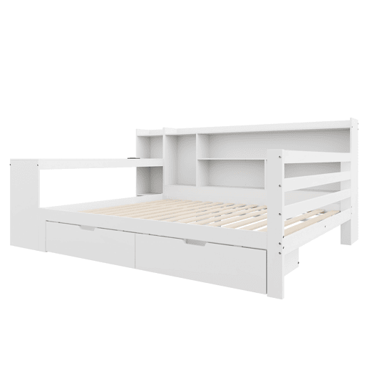 Sofá-cama 140 x 200 cm - Com secretária, estante, compartimentos e tomada - Branco