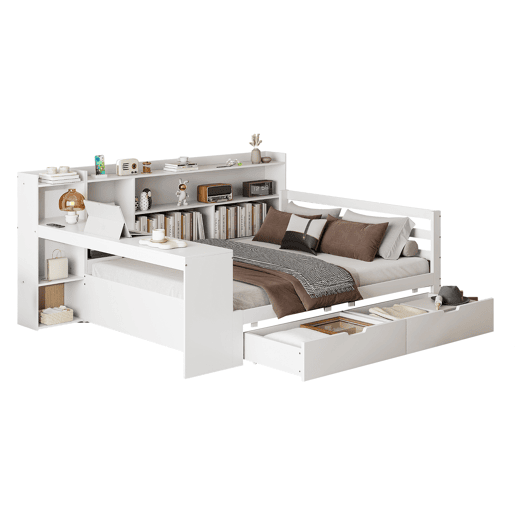 Sofá-cama 140 x 200 cm - Com secretária, estante, compartimentos e tomada - Branco