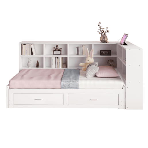Sofá-cama multifuncional 90180*190 cm - Com cama extraível, compartimento de arrumação, tomada euro, gavetas, estrado - Branco
