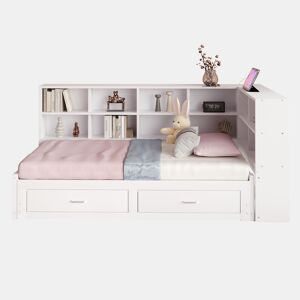 Sofá-cama multifuncional 90180*190 cm - Com cama extraível, compartimento de arrumação, tomada euro, gavetas, estrado - Branco